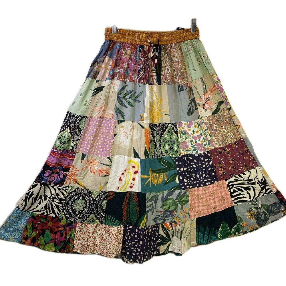 Indian Womens - Size Small - Patchwork Tiered Rayon Ruffled Full Skirt Floral